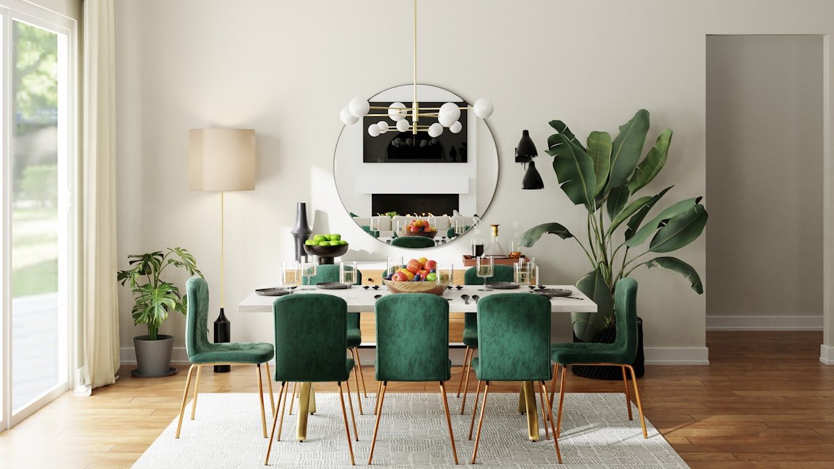 Dining space with a textured rug